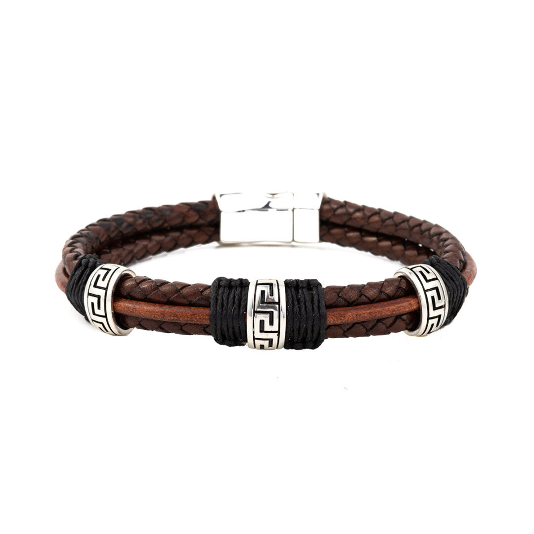 Meander Leather Bracelet – 925 Sterling Silver — Black