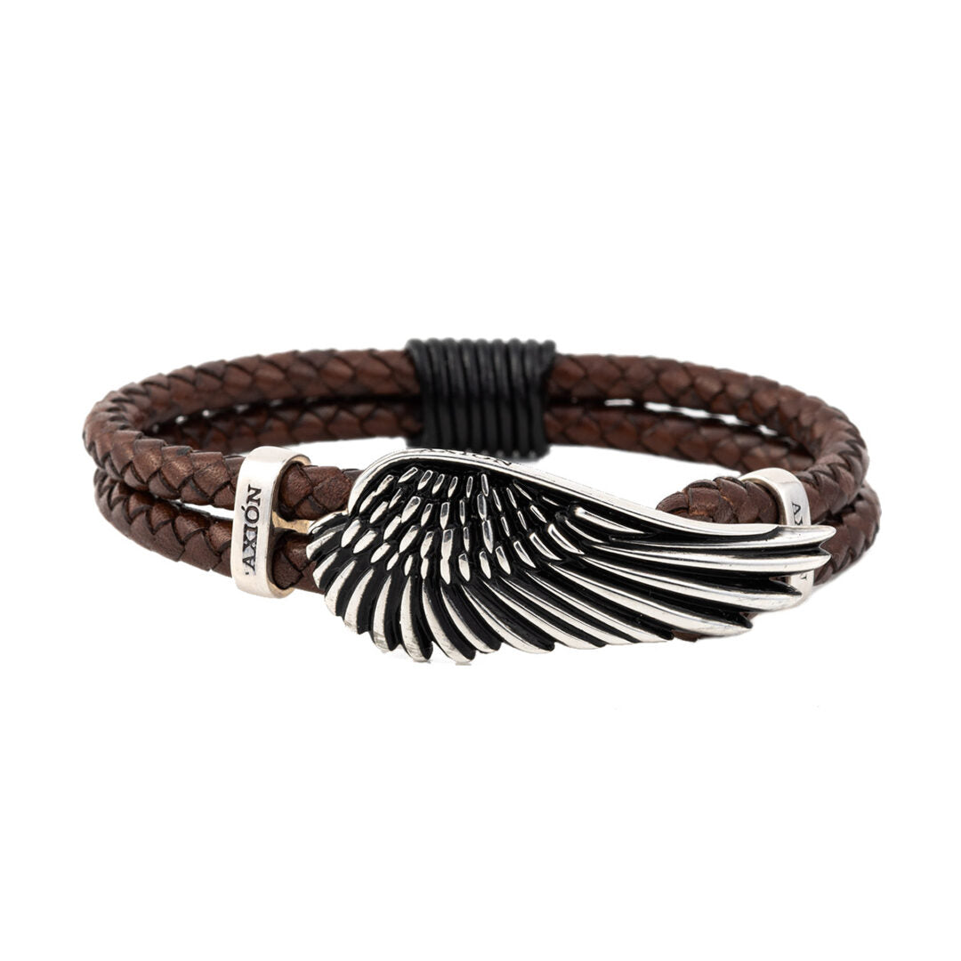 Wing Leather Bracelet - 925 Sterling Silver — Brown