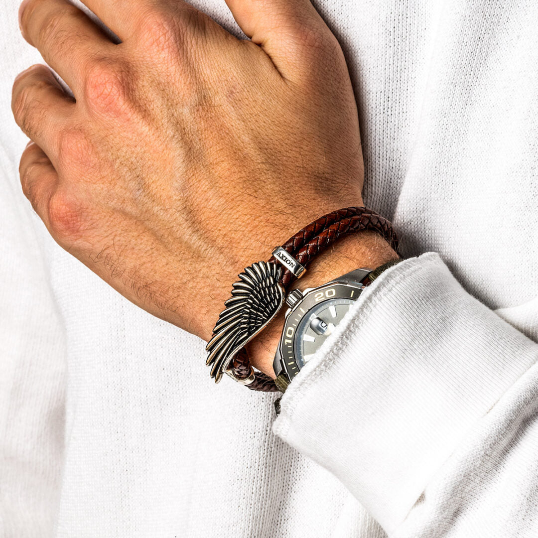 Wing Leather Bracelet - 925 Sterling Silver — Brown
