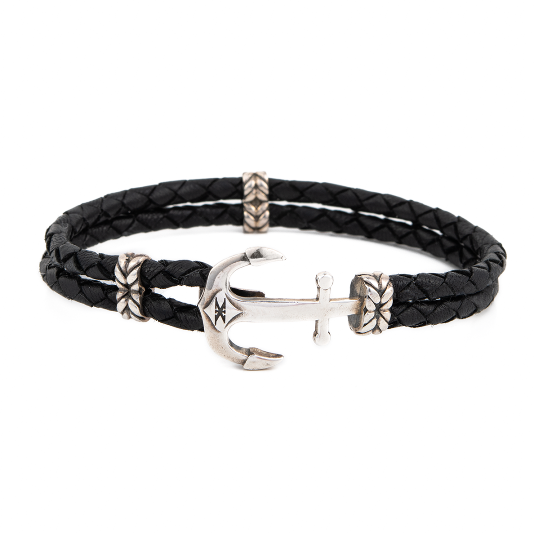 Sterling Silver Anchor Leather Bracelet — Black