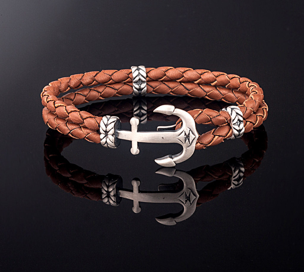 Sterling Silver Anchor Leather Bracelet — Brown