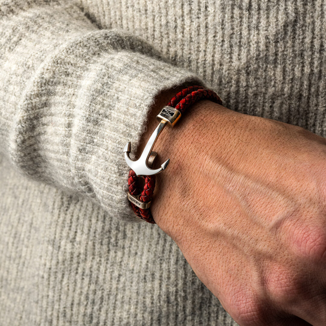 Sterling Silver Anchor Leather Bracelet — Brown