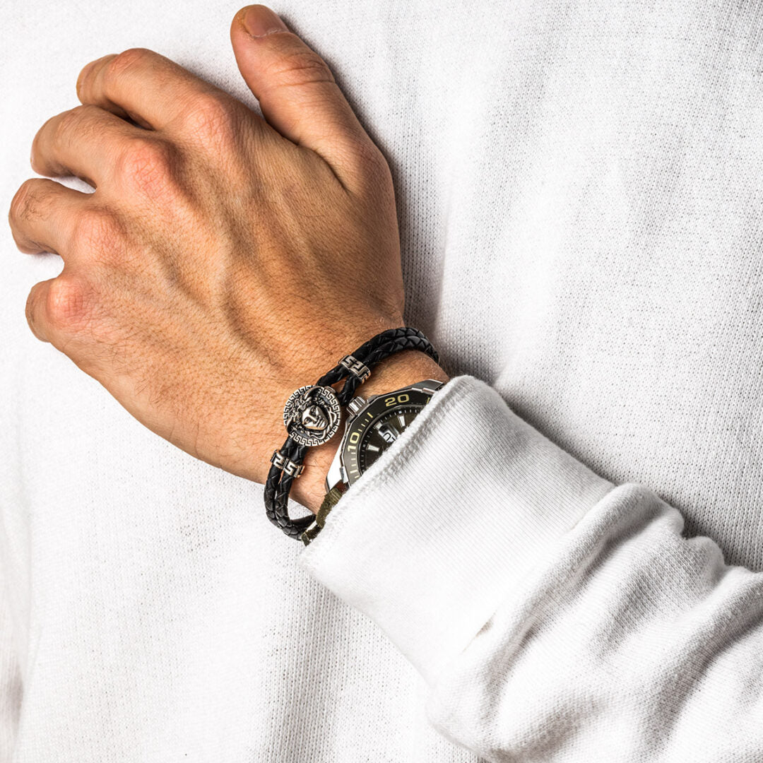 Medusa Leather Bracelet - 925 Sterling Silver