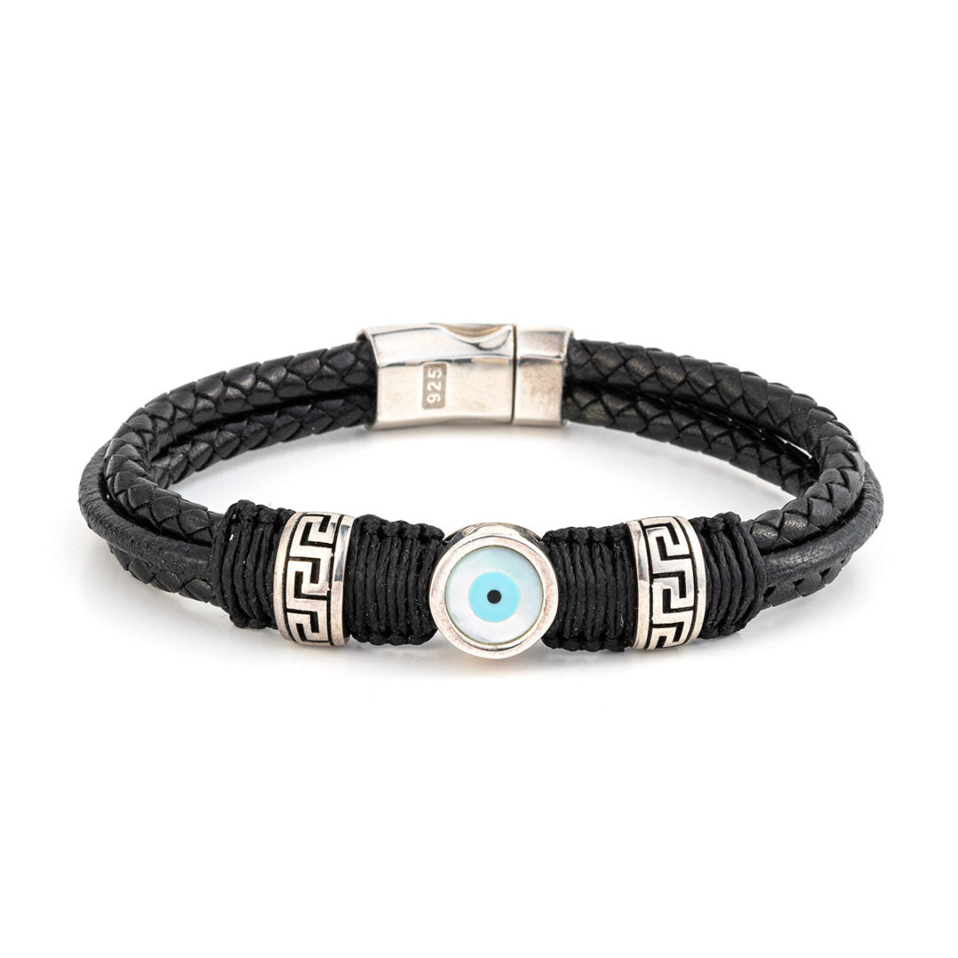 Meander and Evil Eye Leather Bracelet – 925 Sterling Silver