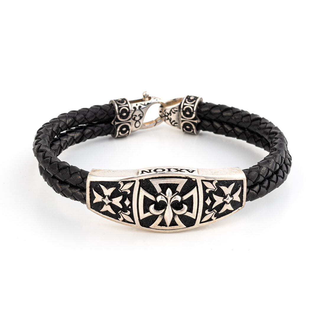 Fleur De Lis Cross Leather Bracelet – 925 Sterling Silver — Black