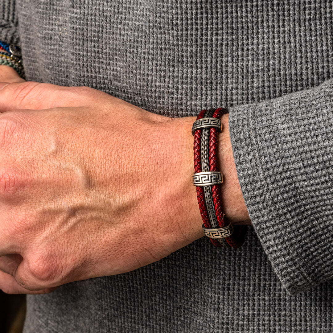 Greek Key Meander Leather Bracelet – 925 Sterling Silver — Red