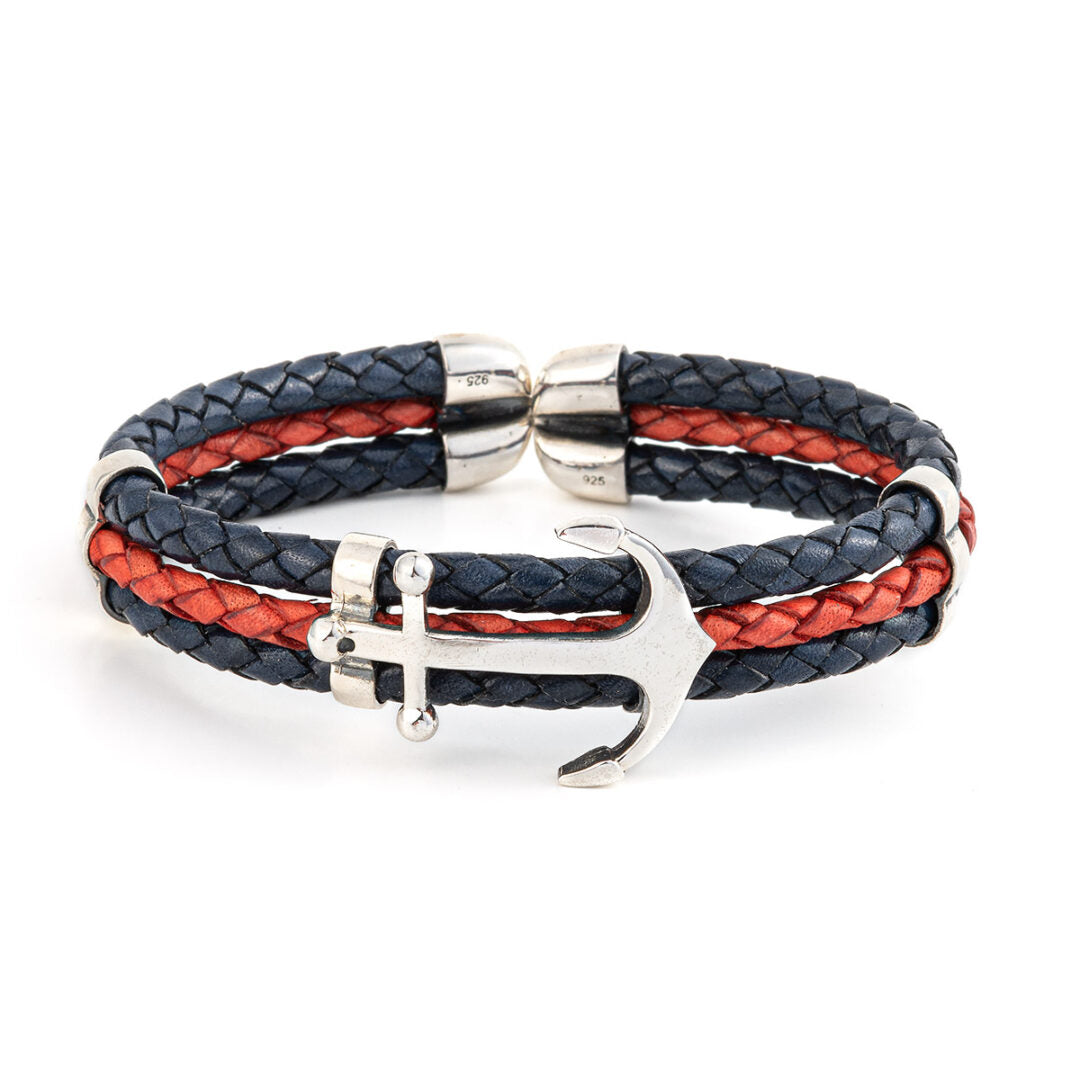 Sterling silver leather anchor bracelet — multicolor