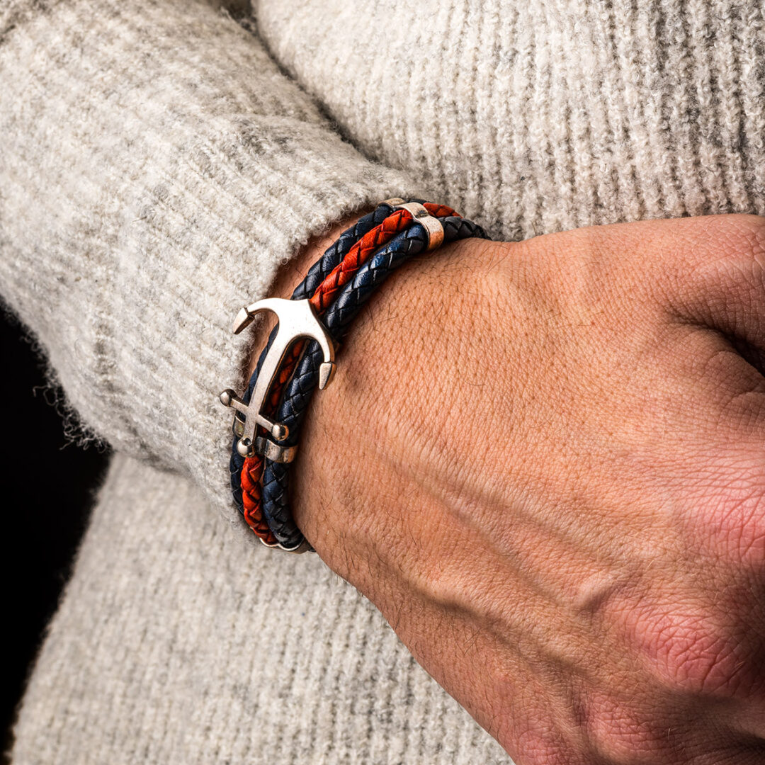 Sterling silver leather anchor bracelet — Black