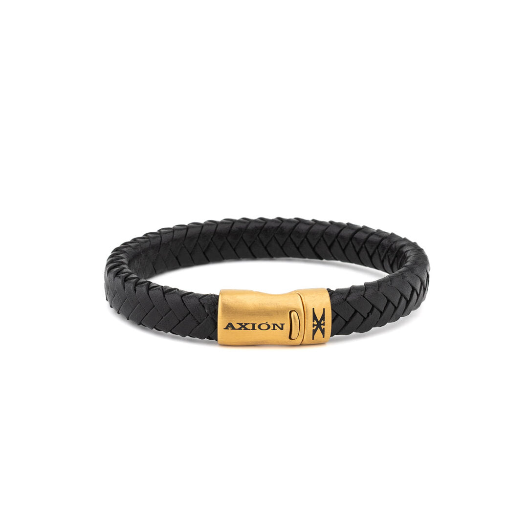 Axion Stainless Steel Leather Bracelet — Black with Gold Clasp