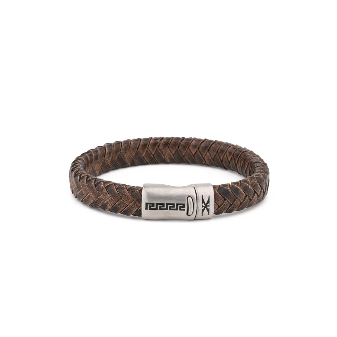Stainless Steel Leather Bracelet with Meander Motif — Brown with Silver Clasp