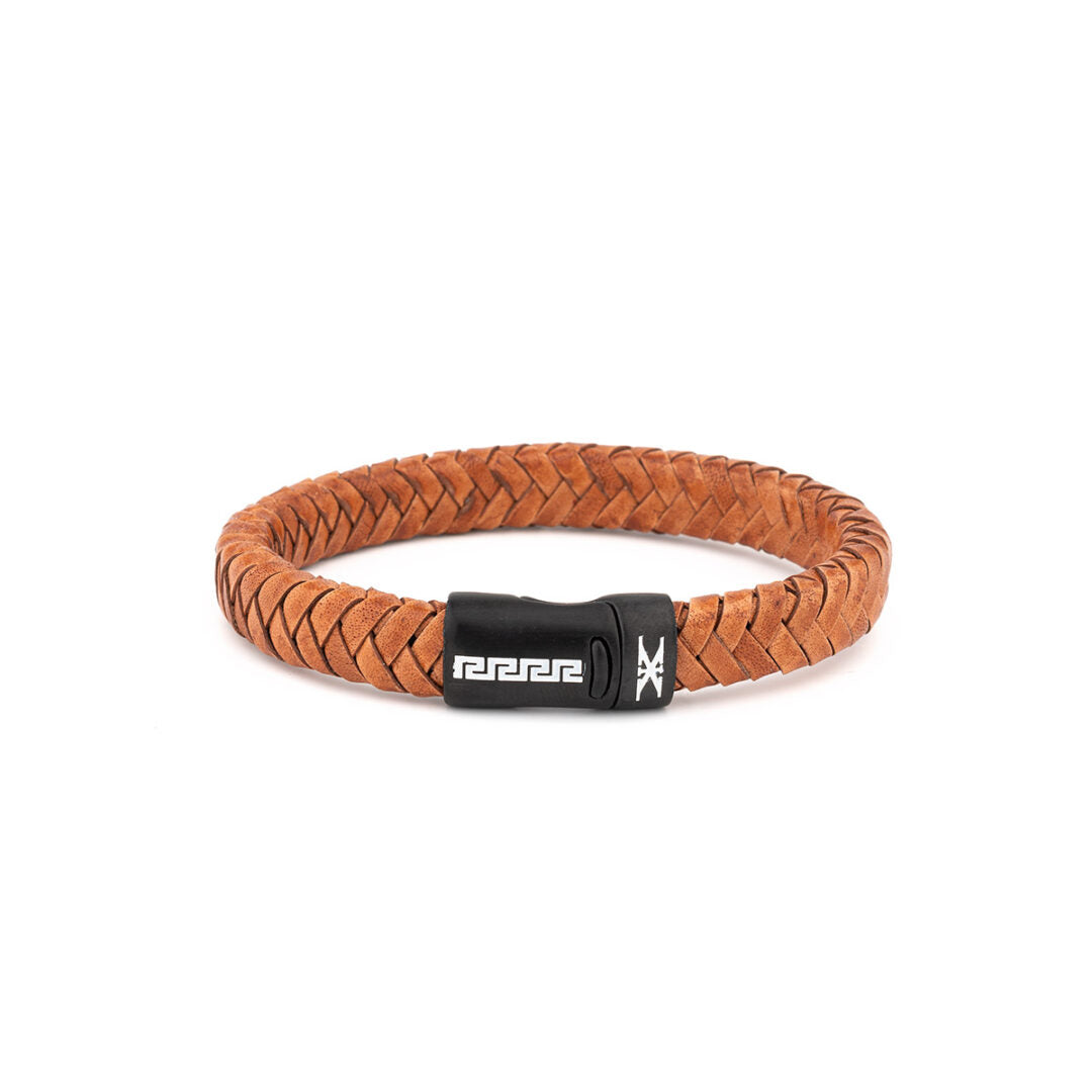 Stainless Steel Leather Bracelet with Meander Motif — Light Brown with Black Clasp
