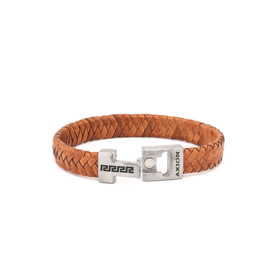 Stainless Steel Leather Bracelet with Meander Motif — Brown with Silver Clasp