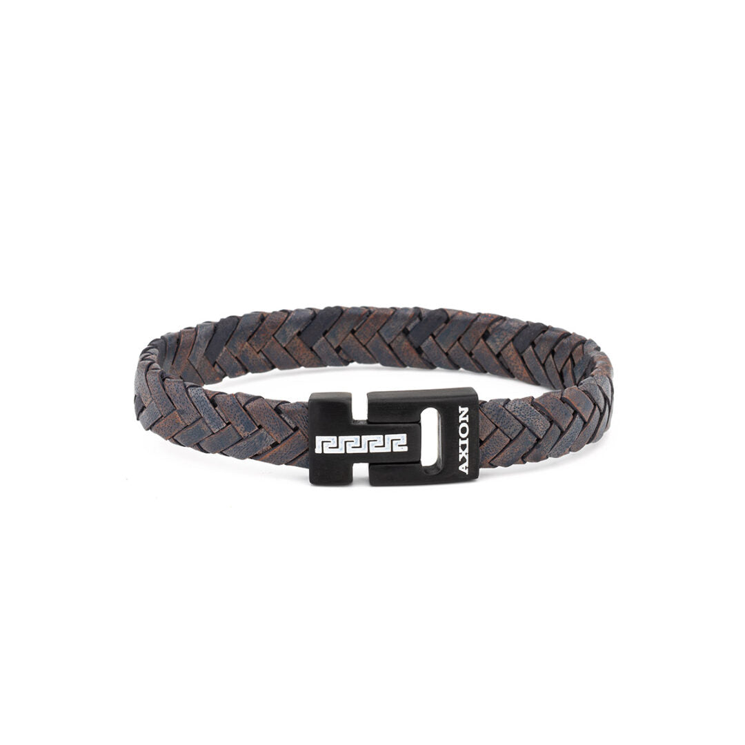 Stainless Steel Leather Bracelet with Meander Motif — Blue & Brown with Black Clasp