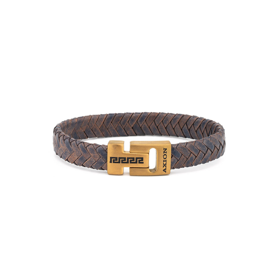 Stainless Steel Leather Bracelet with Meander Motif — Blue & Brown with Gold Clasp