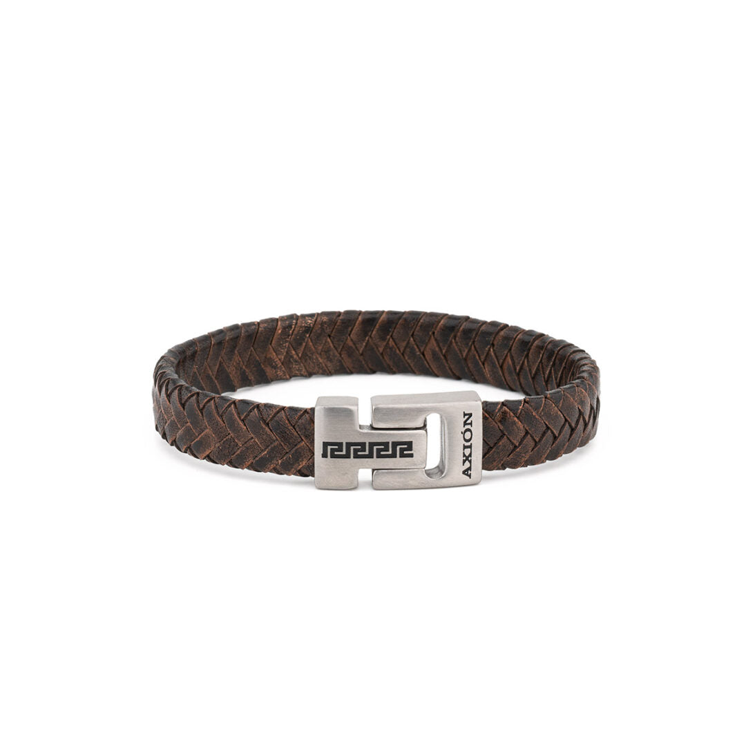 Stainless Steel Leather Bracelet with Meander Motif — Brown with Silver Clasp