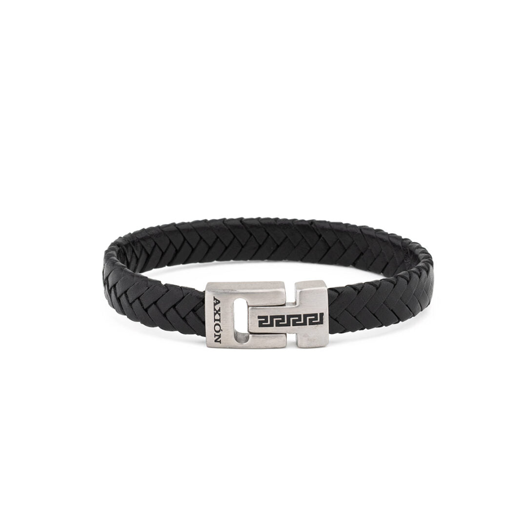 Stainless Steel Leather Bracelet with Meander Motif — Black with Silver Clasp