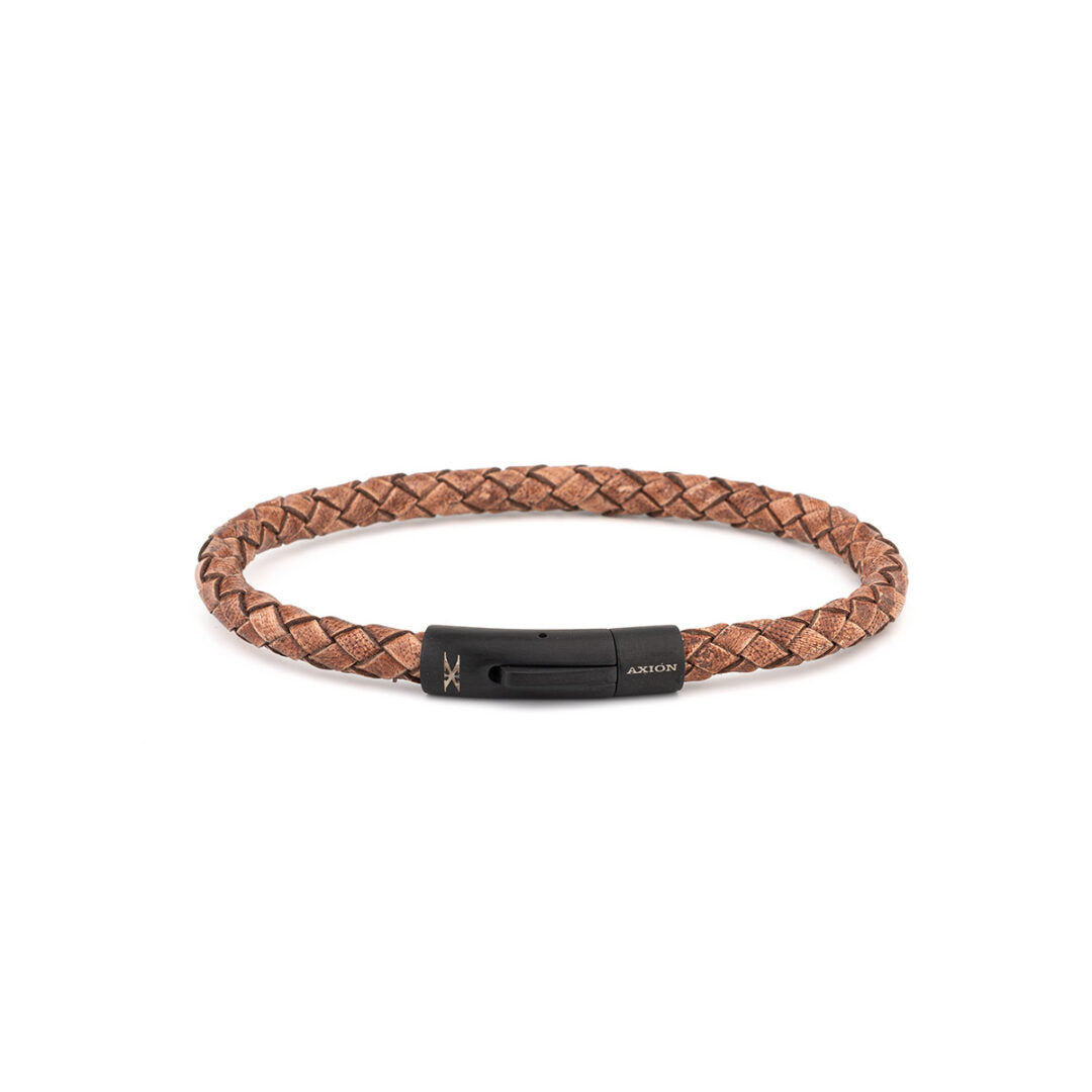 Axion Leather Bracelet with Black Stainless Steel Clasp — Brown