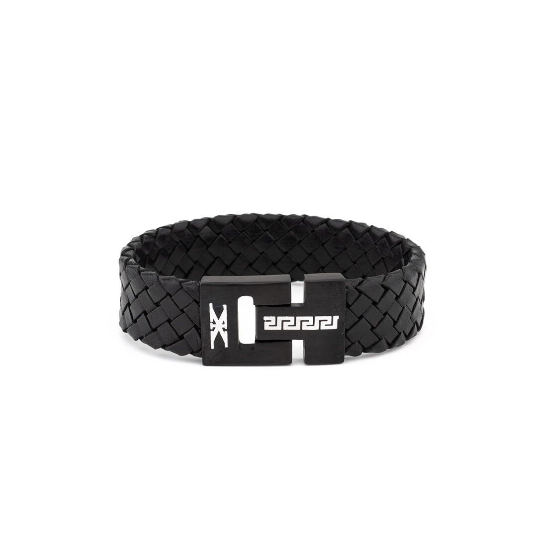 Meander Leather Bracelet and Stainless Steel — Black with Black Clasp