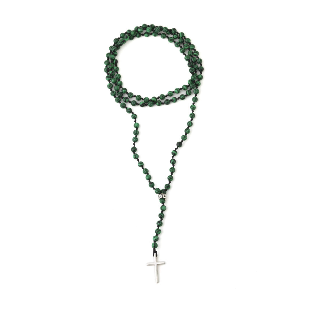 Rosary Necklace with Malachite Beads - 925 Sterling Silver