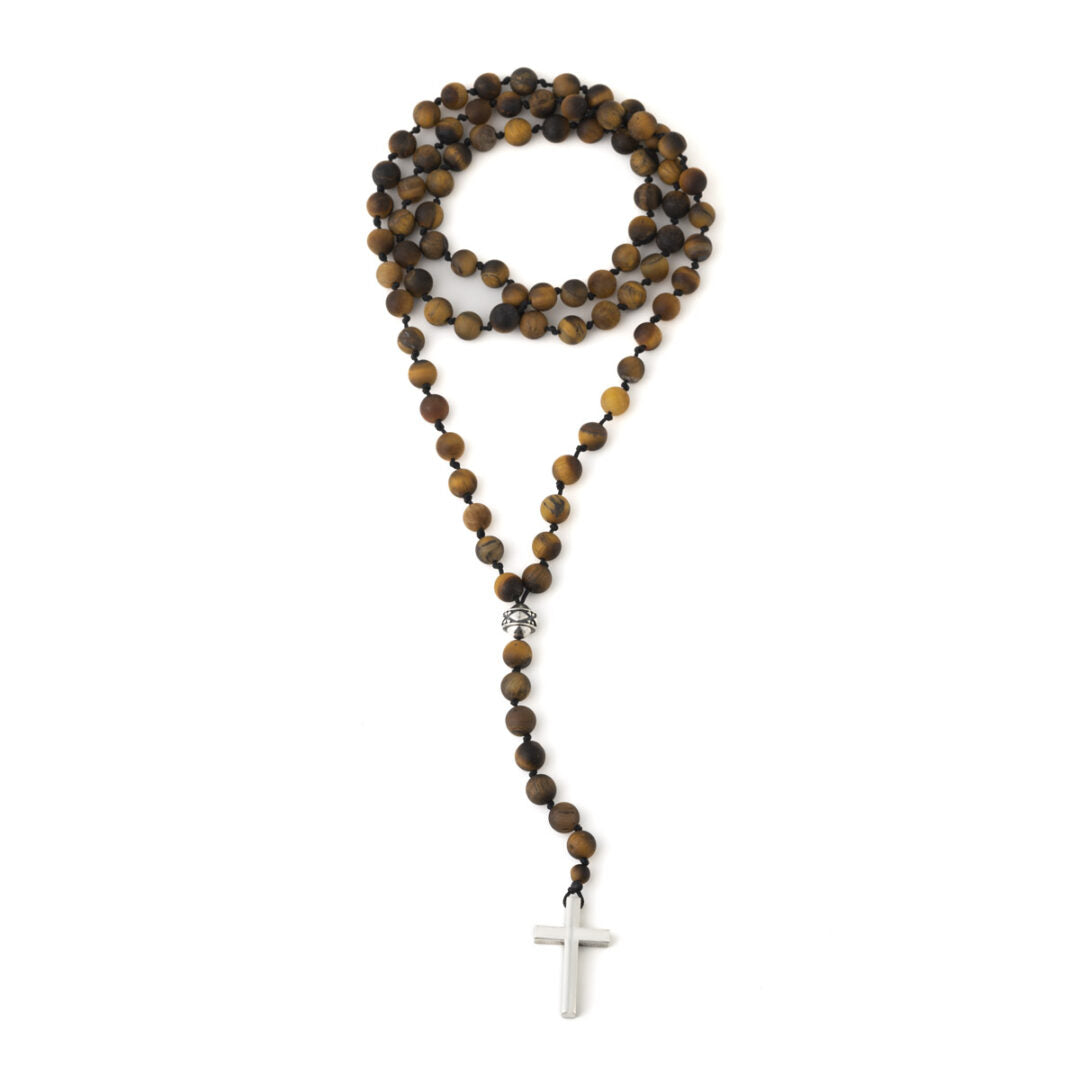 Rosary Necklace with Tiger Eye Beads - 925 Sterling Silver