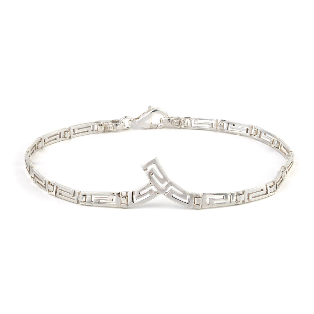 Greek Key Link V-Shaped Bracelet – 925 Sterling Silver