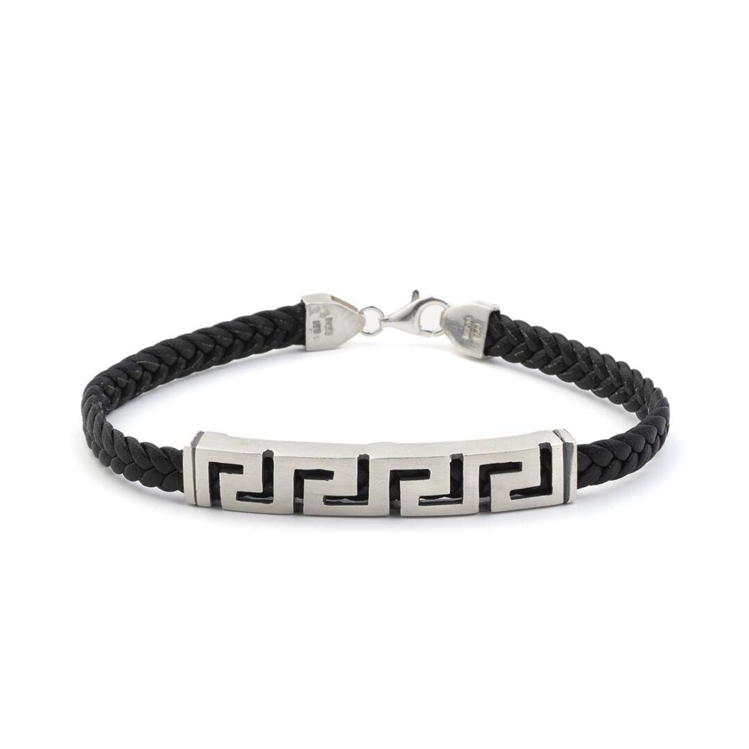 Greek Key Meander Leather Bracelet - Sterling Silver