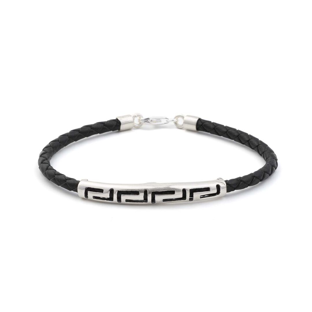 Meandros Greek Key Leather Bracelet - Sterling Silver