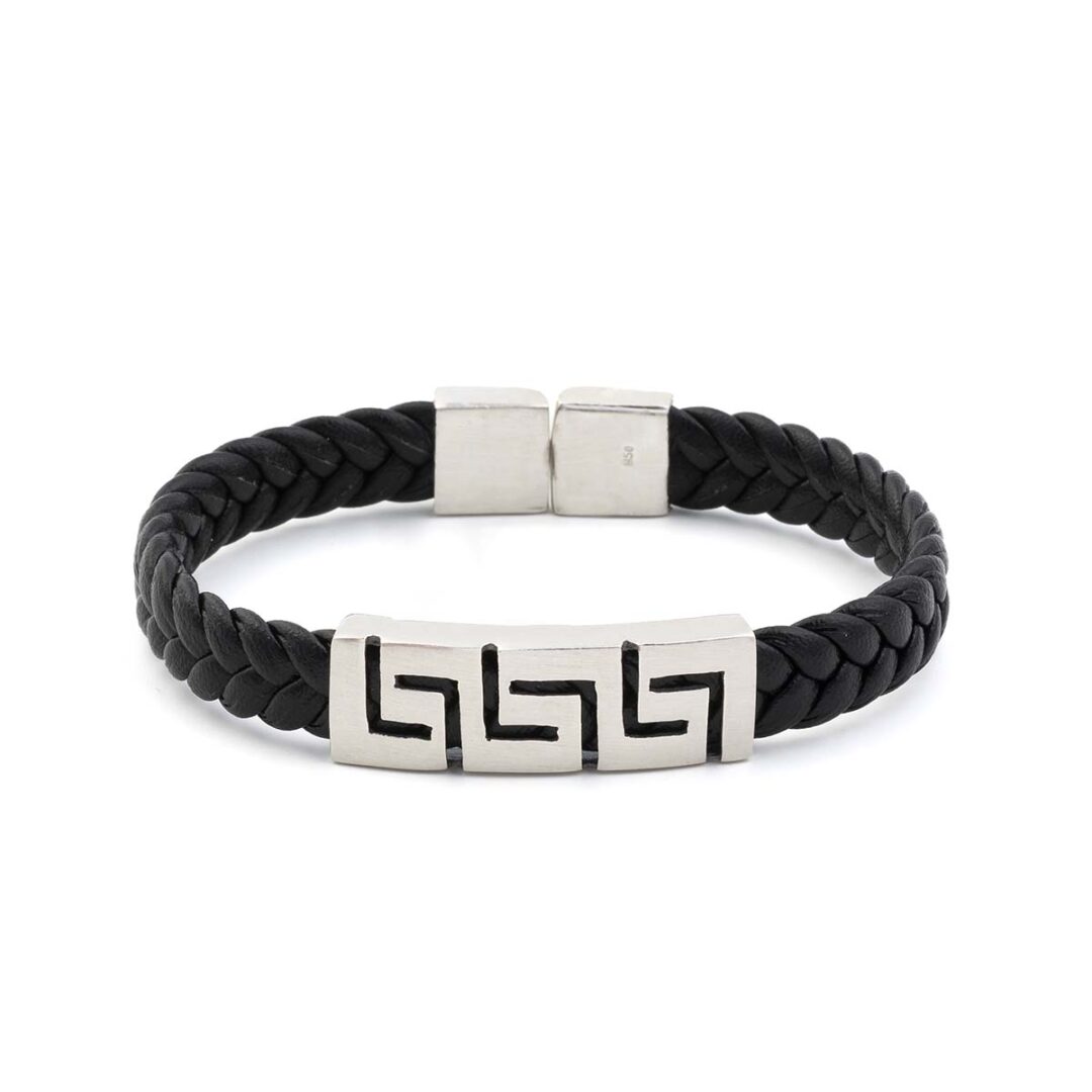 Greek Key Large Leather Bracelet - 925 Sterling Silver