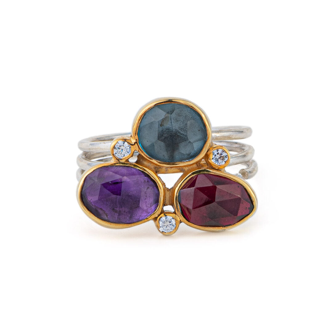 Multi Stone Ring -  London Blue Topaz Amethyst Rhodolite Garnet