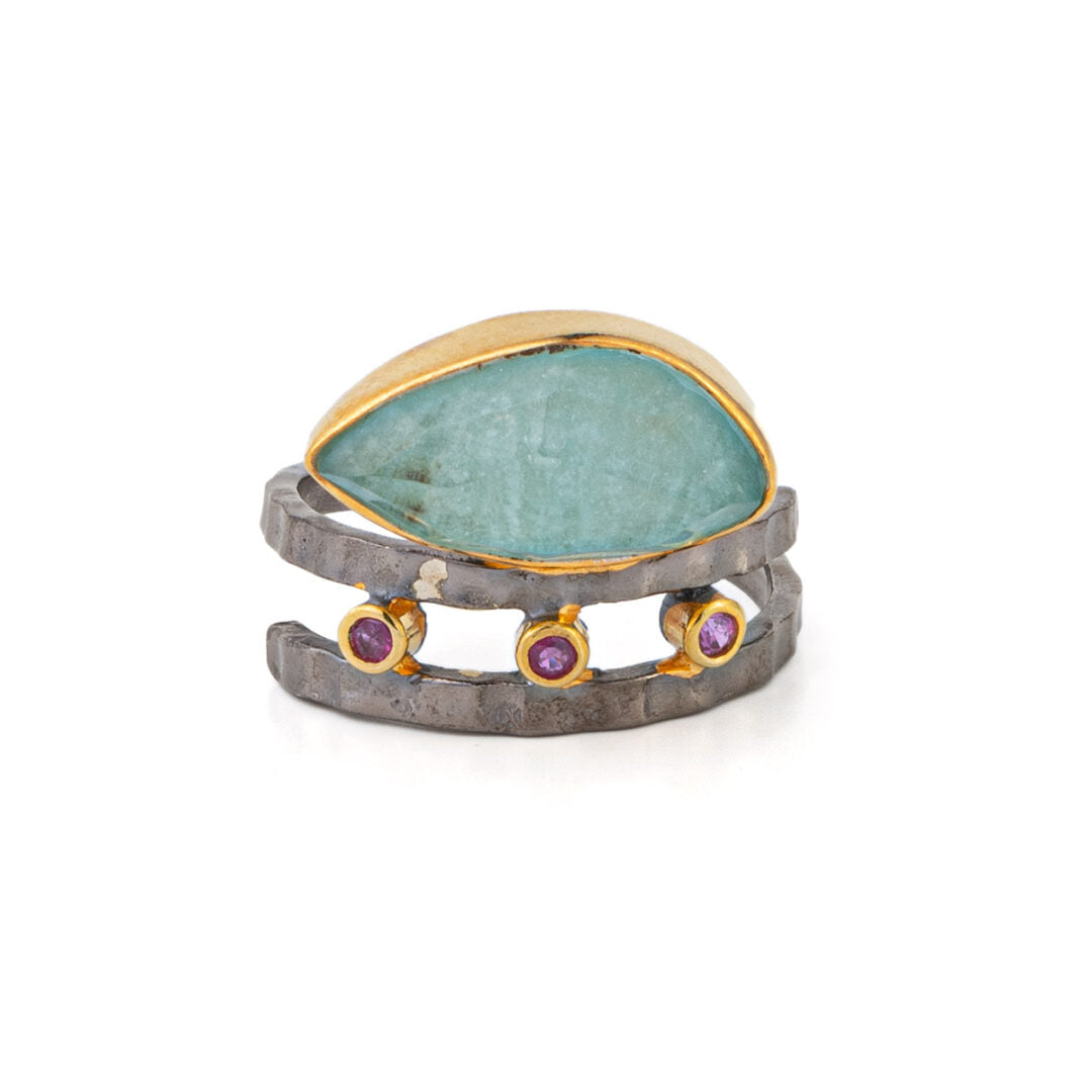 925 Sterling Silver and Gold Plated Oxidized Ring with Amazonite
