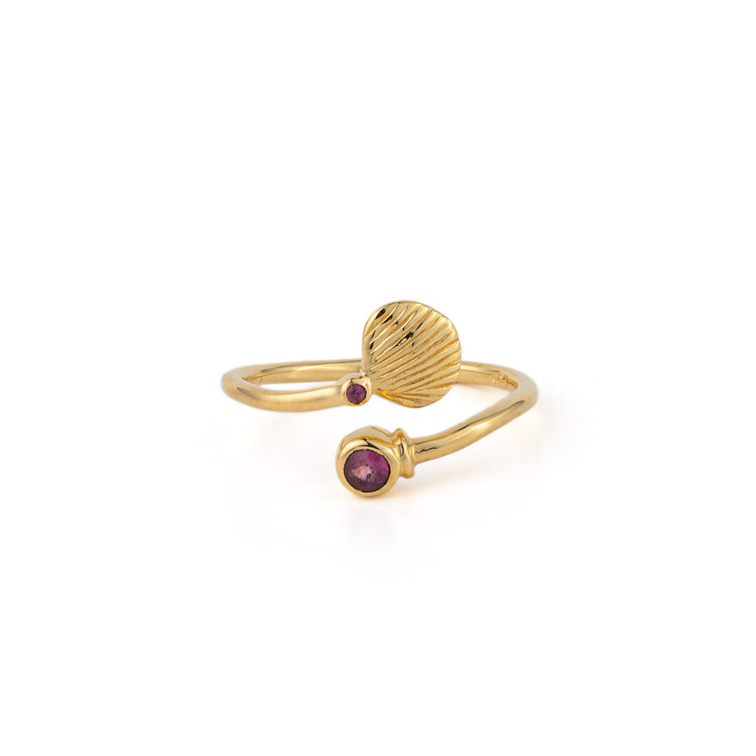 Sea Shell Rhodolite Ring - Sterling Silver and Gold Plated