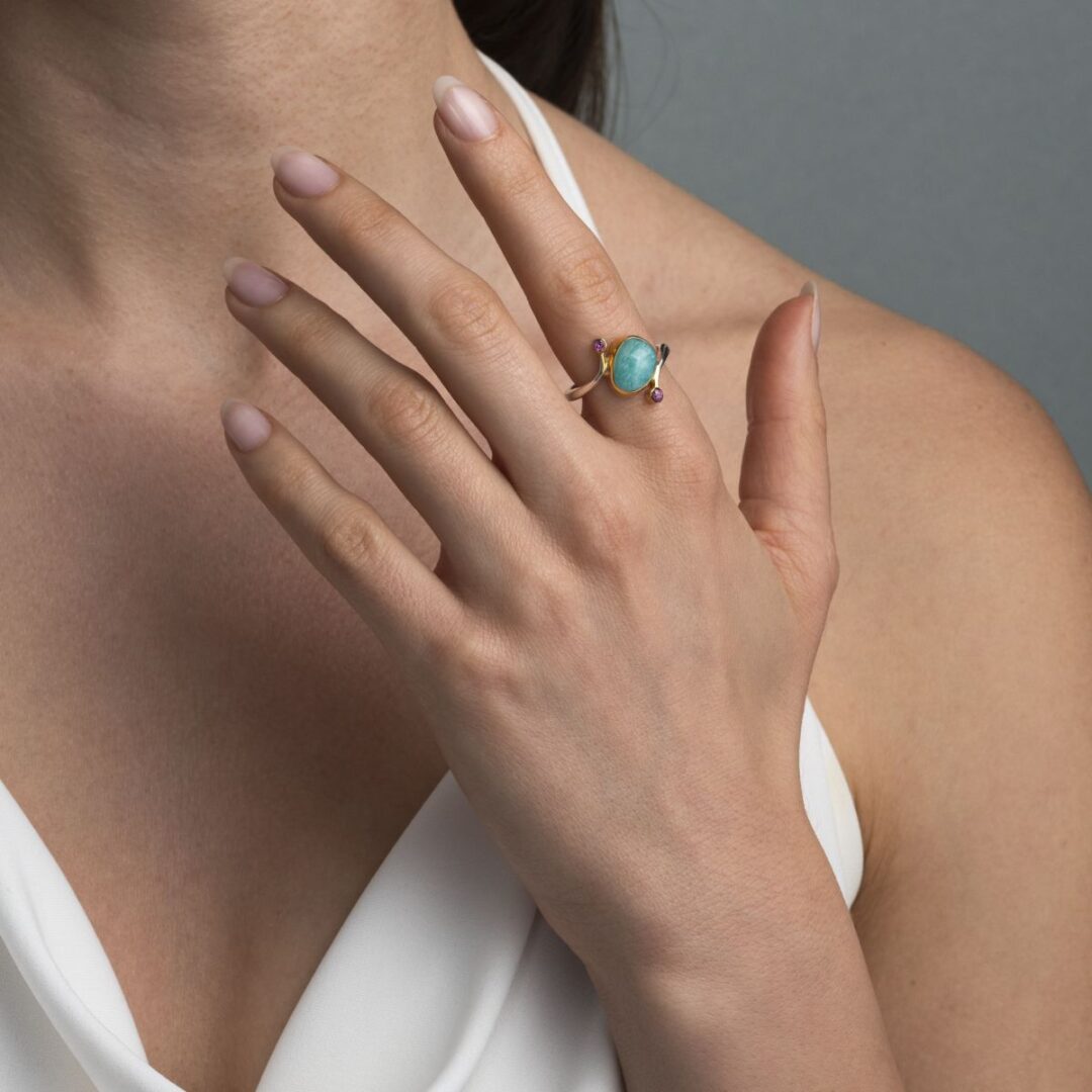 Amazonite Ring in 925 Sterling Silver and Gold Plating
