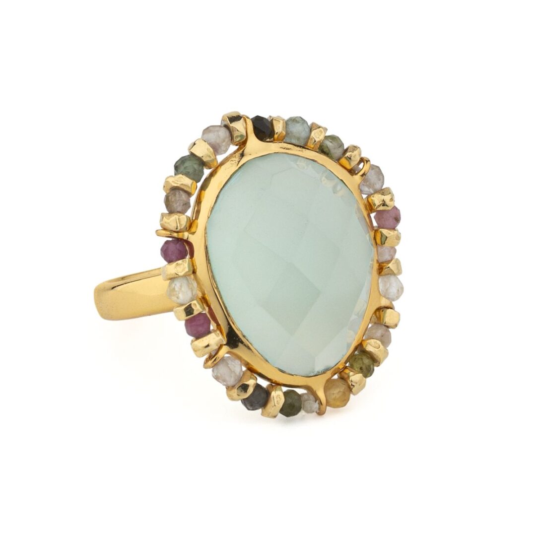 Gold-Plated 925 Sterling Silver Ring with Aqua Chalcedony and Multicolor Tourmalines