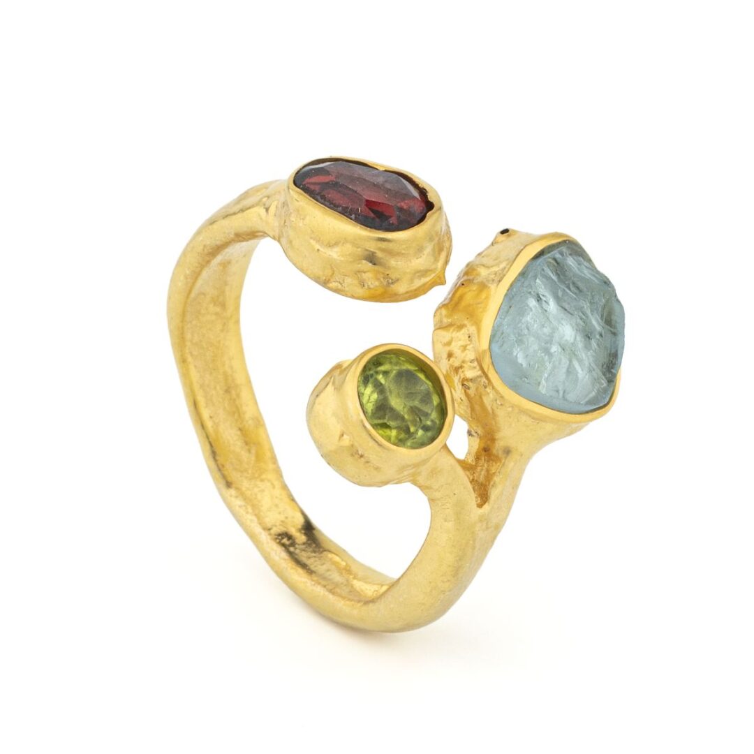 Multi-Stone Ring in 925 Silver & Gold Plating with Aquamarine, Peridot & Garnet