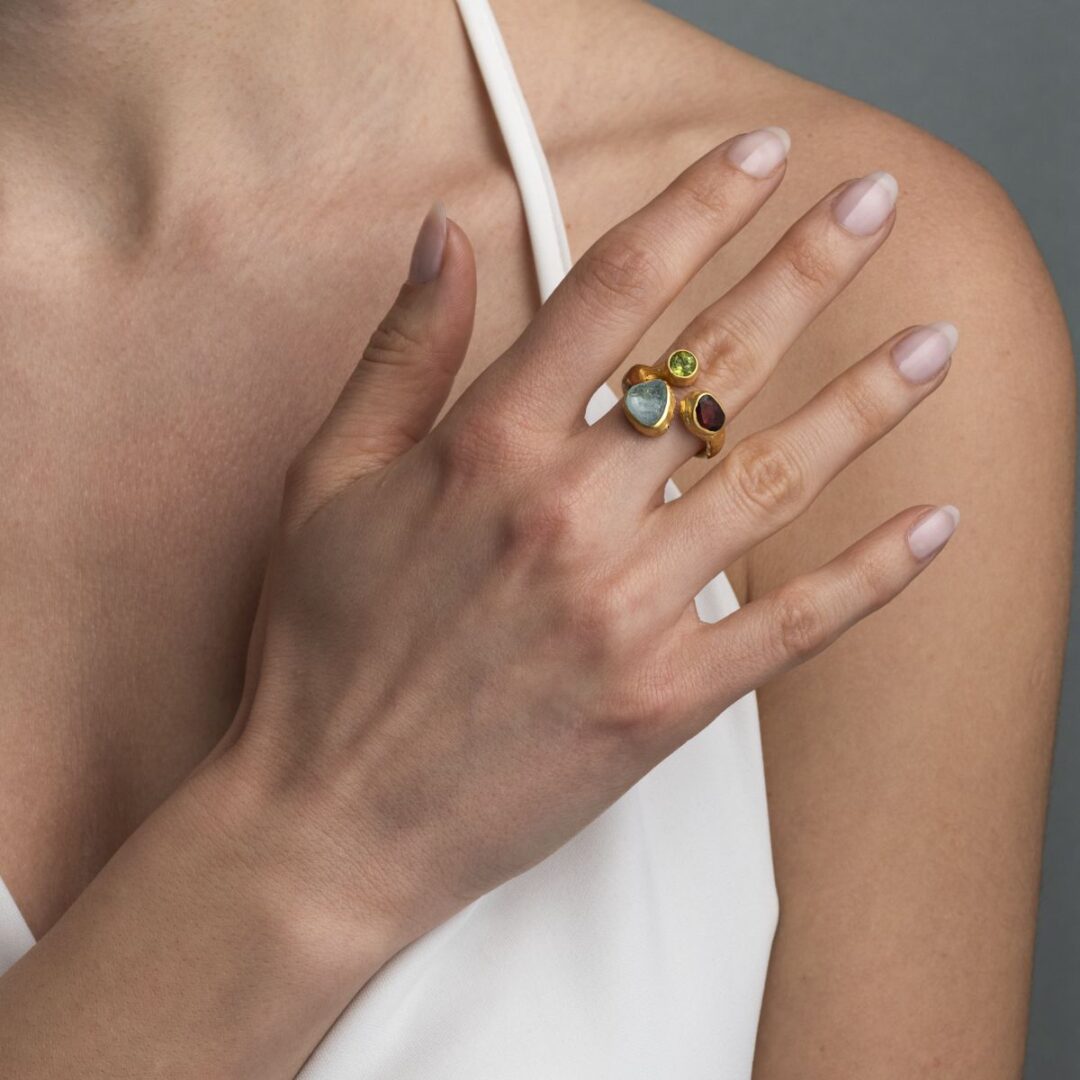 Multi-Stone Ring in 925 Silver & Gold Plating with Aquamarine, Peridot & Garnet