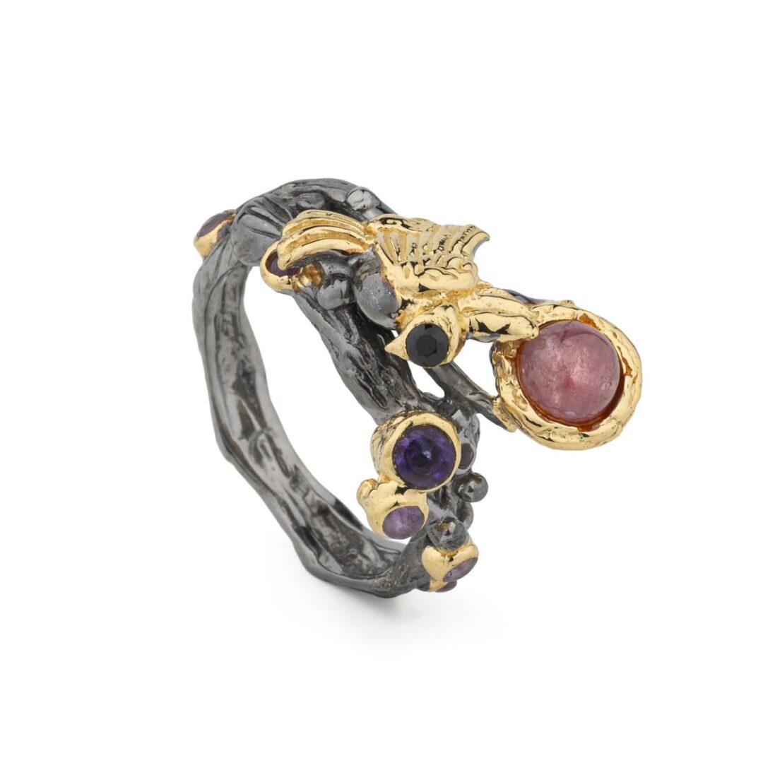 Tourmaline & Amethyst Ring in Gold-Plated and Oxidized 925 Sterling Silver
