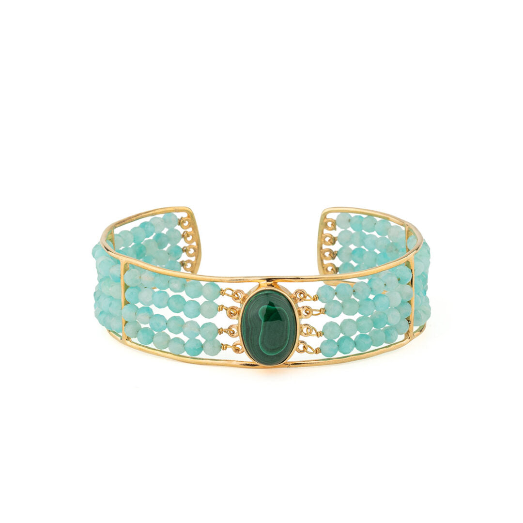 Open Cuff Bracelet with Semi-Precious Stones in 925 Silver 18K Gold Plated