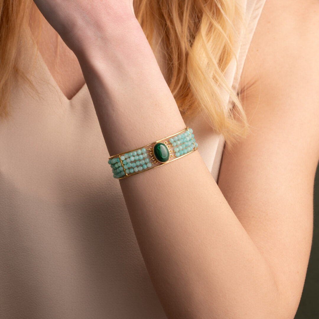 Open Cuff Bracelet with Semi-Precious Stones in 925 Silver 18K Gold Plated