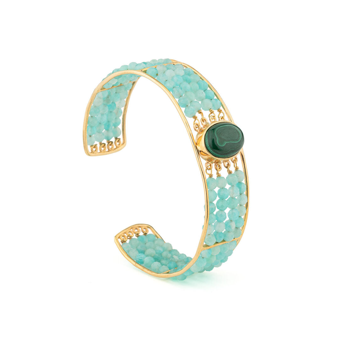 Open Cuff Bracelet with Semi-Precious Stones in 925 Silver 18K Gold Plated