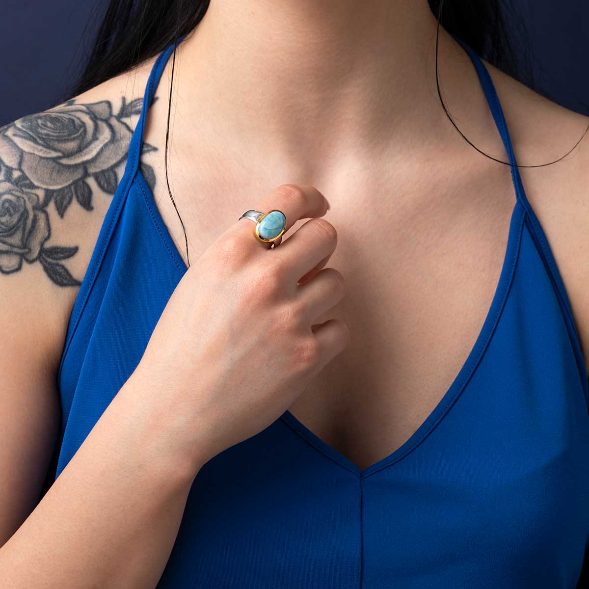 Larimar Oval Ring - 925 Sterling Silver and Gold Plated