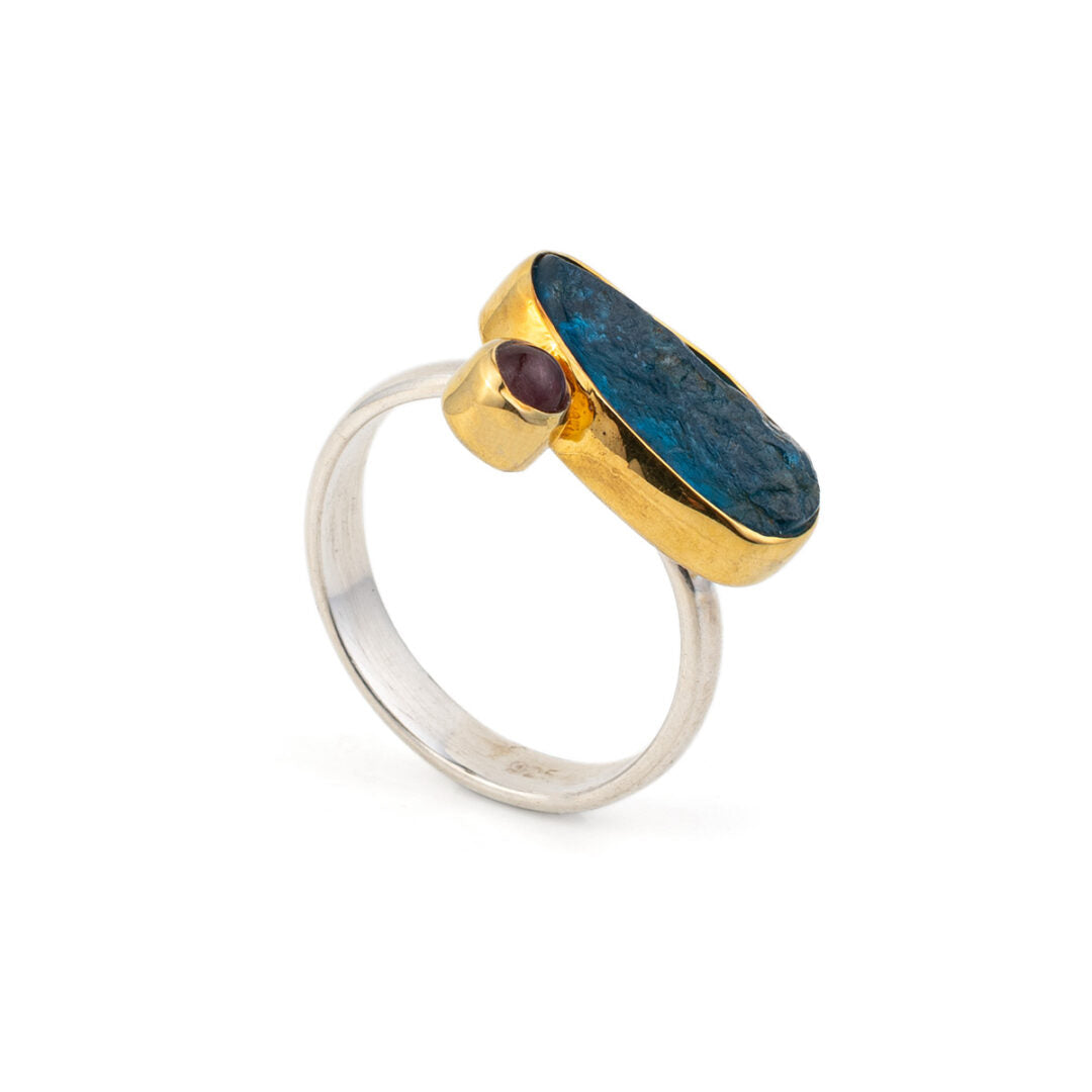 Apatite and Garnet Ring - 925 Sterling Silver and Gold Plated