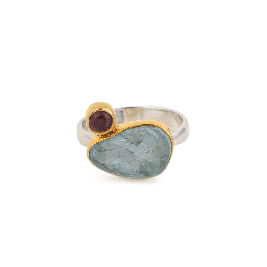 Aquamarine and Tourmaline Ring - 925 Sterling Silver and Gold Plated