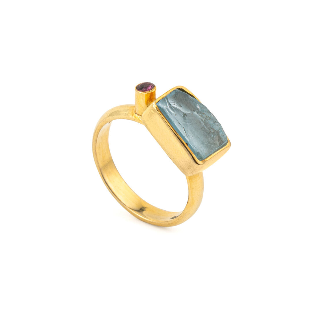 Blue Topaz Square Ring - 925 Sterling Silver and Gold Plated