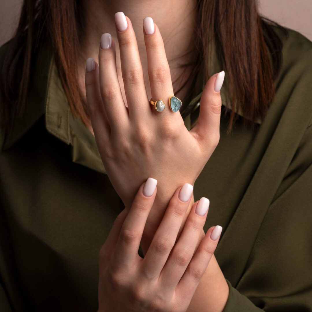 Open Pearl and Aquamarine Ring in 925 Silver Gold Plated