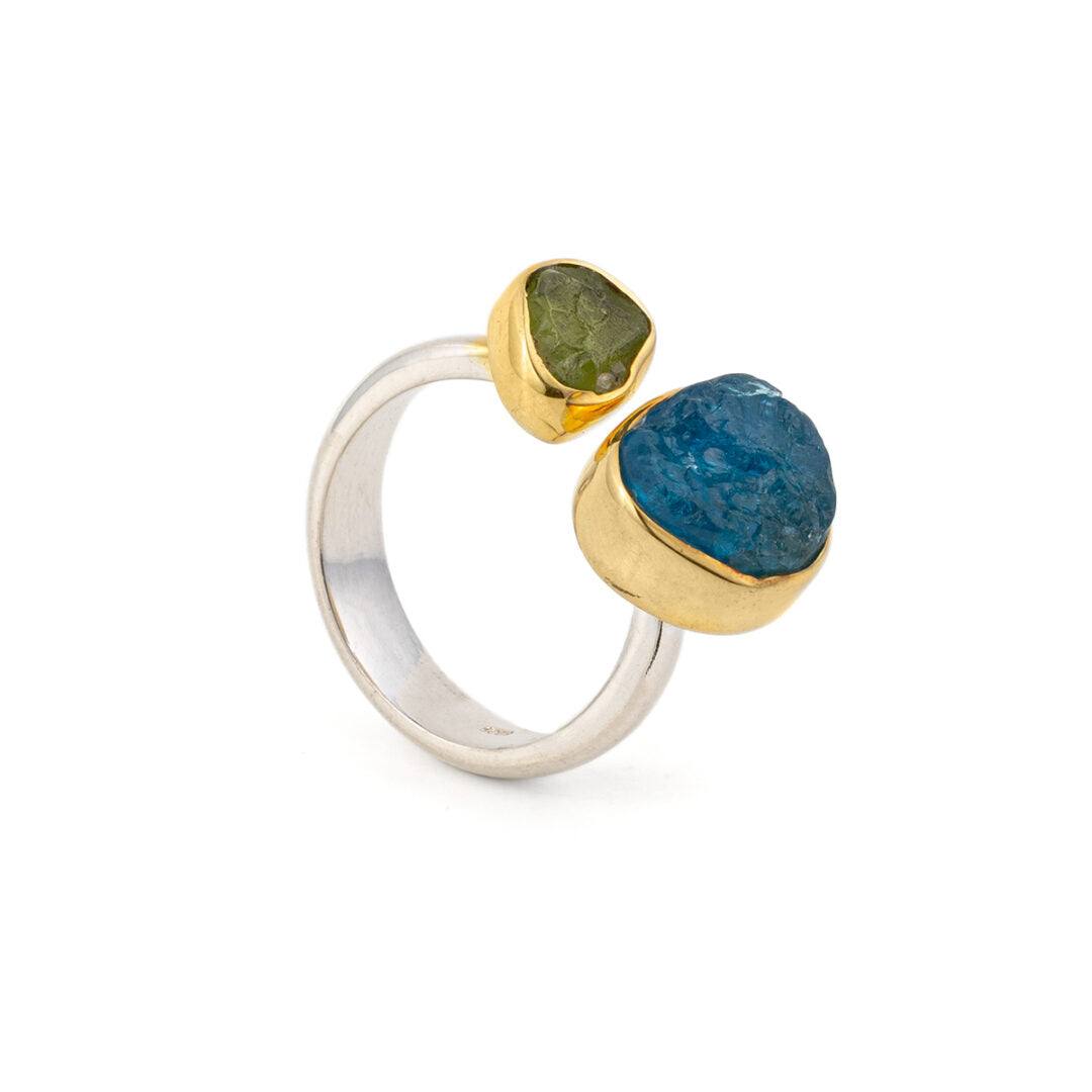 Apatite and Peridot Ring - 925 Sterling Silver and Gold Plated