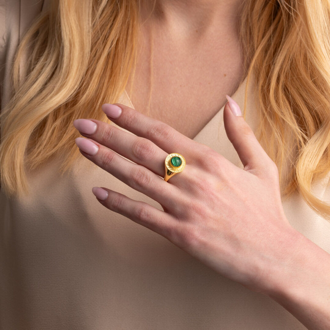 Round Malachite Ring in 925 Sterling Silver Gold Plated