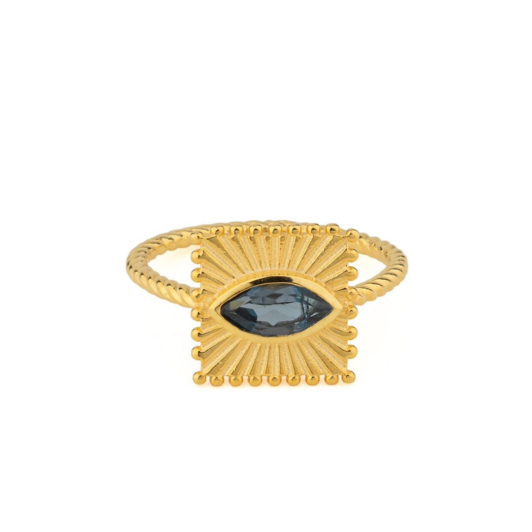 Engraved Plate & Navette Evil Eye Stone Ring in 925 Silver 18K Gold Plated