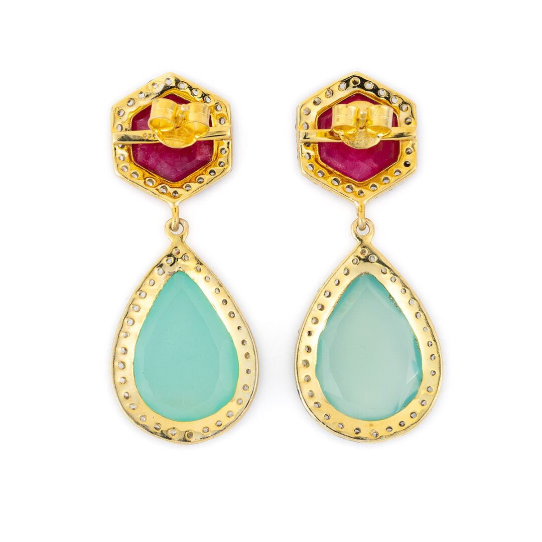 Sterling Silver Gold Plated ~ Earrings with Rubinite and Aqua Chalcedony stone