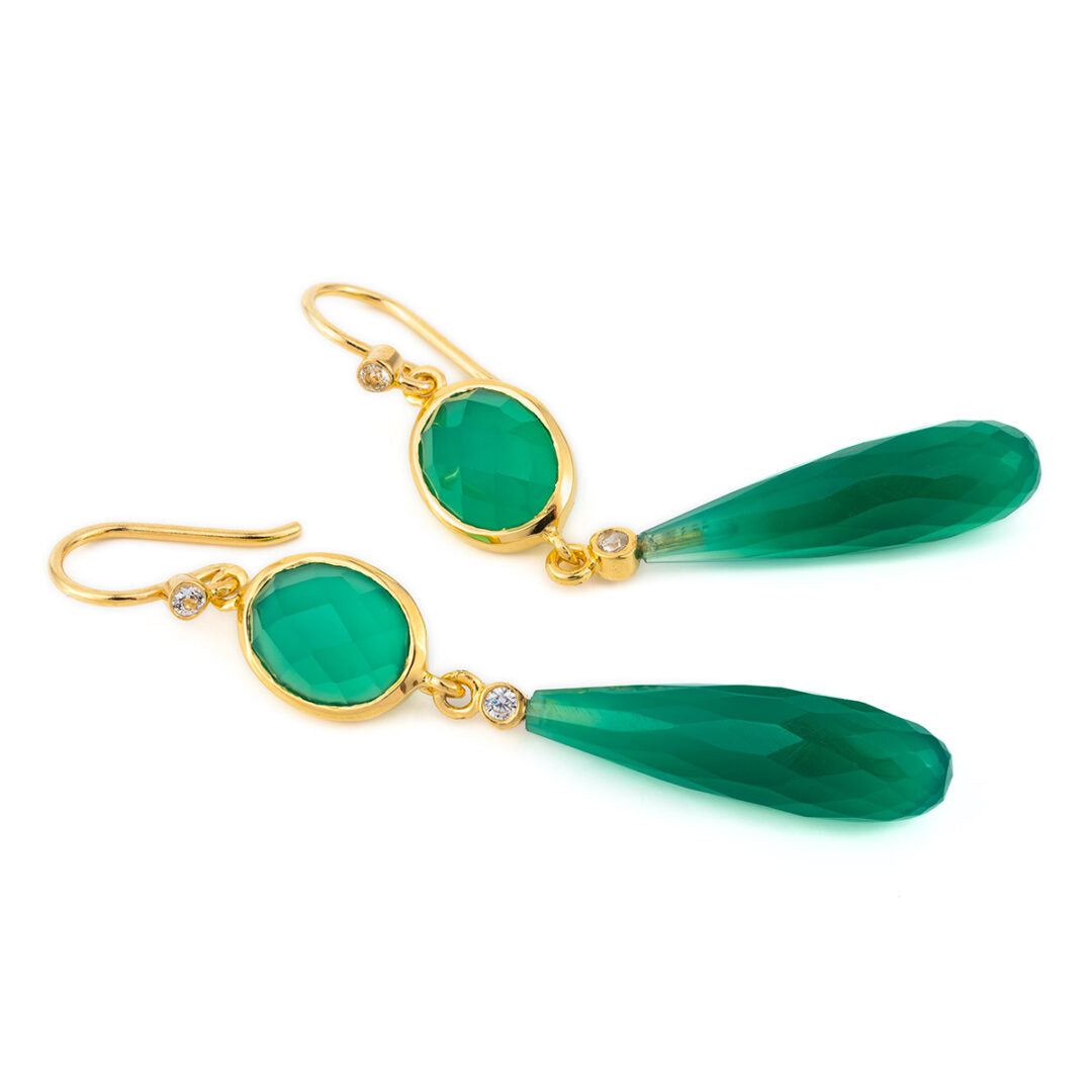 Green Chalcedony Dangle Earrings - Sterling Silver and Gold Plated