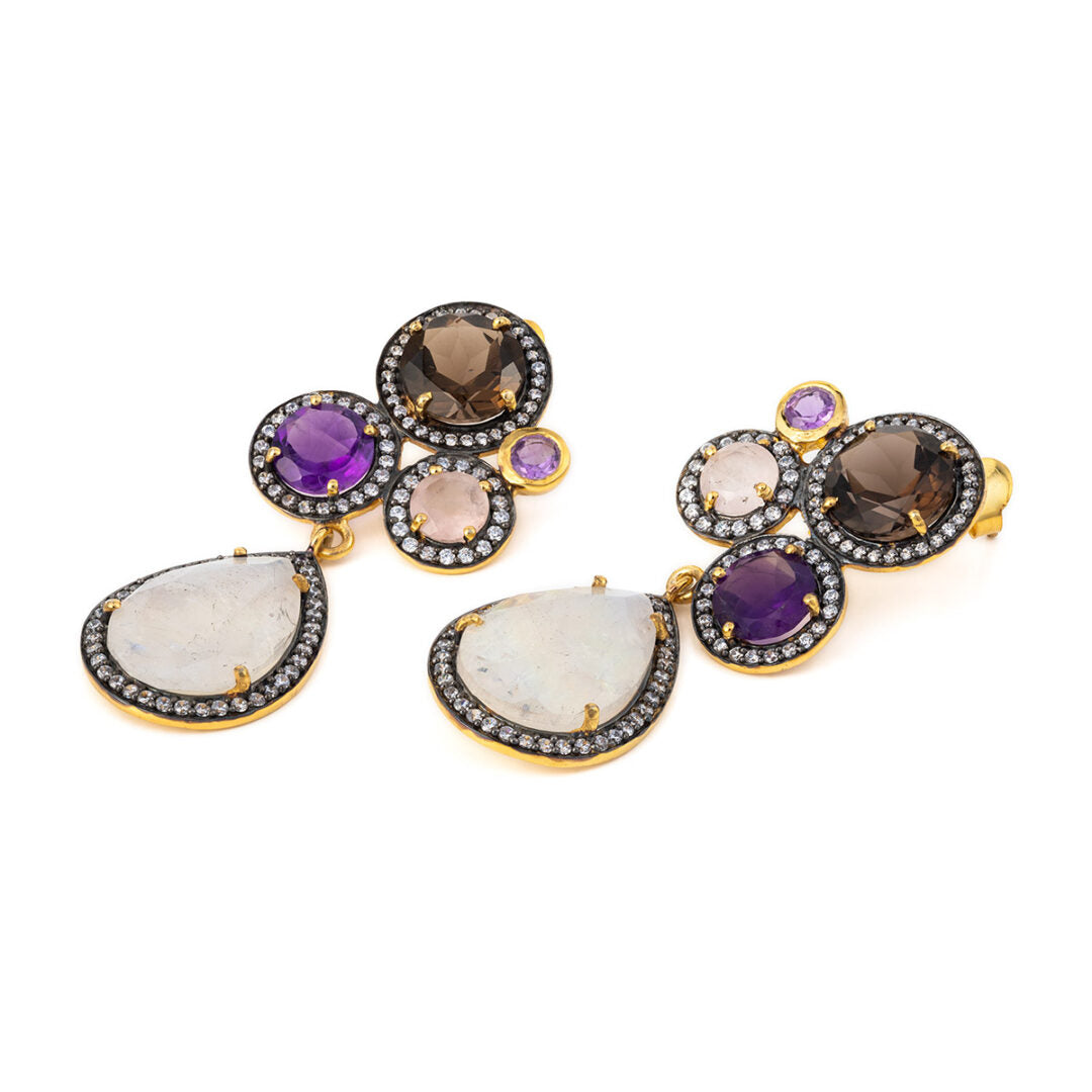 Dangle Multi Stone Earrings ~ Moonstone &amp; Amethyst &amp; Smoked Quartz
